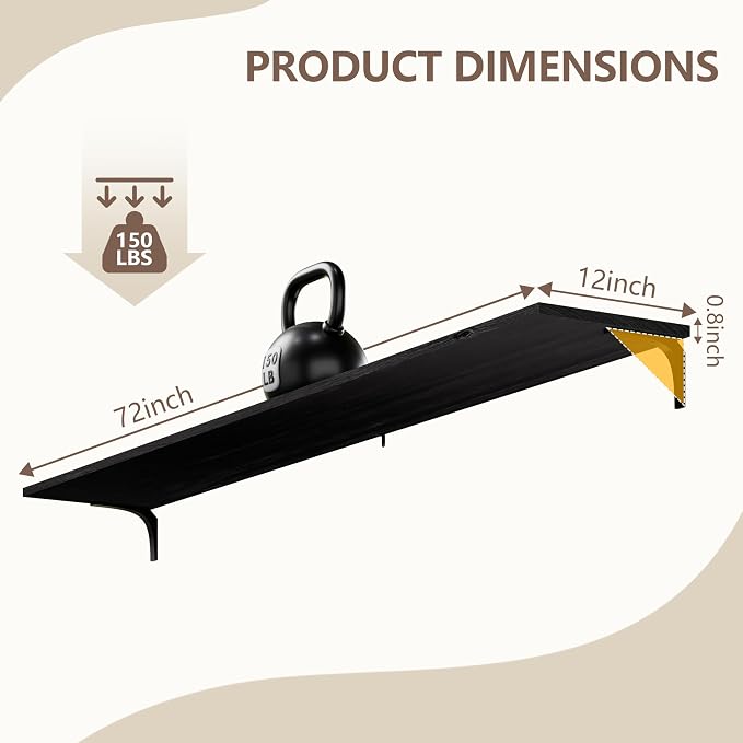 72 Inch Floating Shelves Set of 2, 12 Inch Deep Extra Long Black Solid Wood Wall Shelves with 120 lbs Capacity, 6ft Heavy Duty Farmhouse Wall Mounted Shelving for Living Room & Kitchen