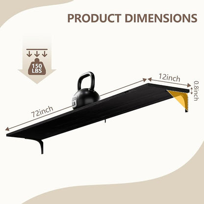 72 Inch Floating Shelves Set of 2, 12 Inch Deep Extra Long Black Solid Wood Wall Shelves with 120 lbs Capacity, 6ft Heavy Duty Farmhouse Wall Mounted Shelving for Living Room & Kitchen