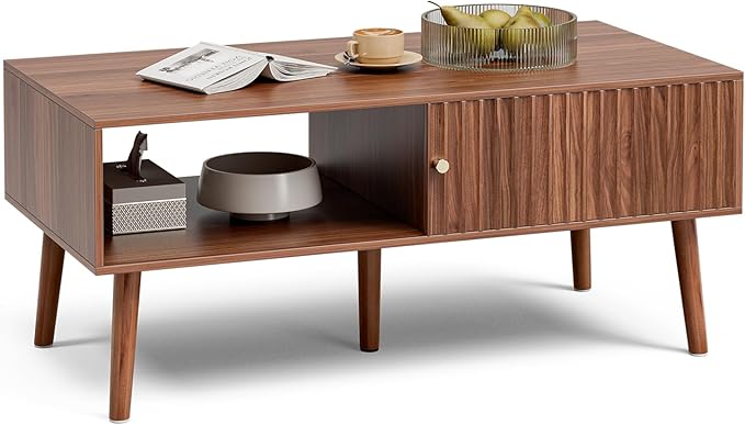 LCRBOL Coffee Table with Fluted Sliding Door, Mid-Century, Walnut | 39.3"L x 19.7"W x 17.1"H, double-sided sliding door & open shelf (7.5" clearance), golden knob, 5 tapered legs