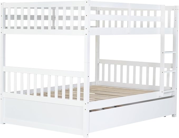 Harper & Bright Designs Convertible Wood Full-Over-Full Bunk Bed with Trundle and Ladder - Can Be Divided Into Two Platform Beds, White