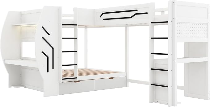 Twin&Full Over Full Triple Bunk Bed with Desk and Storage Drawers & LED,Charging Station,Solid Wood L-Shaped 3 Gaming Bunk Bed with Ladder,Guardrail,No Box Spring Needed (White,Twin & Full Over Full)
