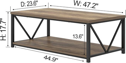 FOLUBAN Modern Coffee Table, Living Room Center Table with Storage, Wood and Metal Cocktail Table, Rustic Oak, 47 Inch