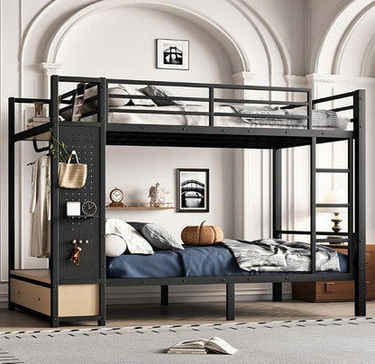 Bellemave Bunk Bed Full Over Full,Metal Bunk Bed with Shelf and Guardrails,Full Bunk beds with Storage Drawers and Clothes Hooks for Kids, Teens & Adults（Black）