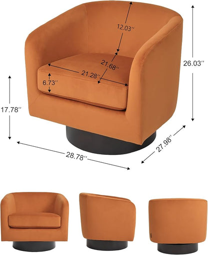 Swivel Barrel Accent Chair, Modern Round Chenille Fabric Arm Chair for Living Room, Bedroom, Comfy Club Reading Chairs for Adults（Velvet Orange, Set of 1