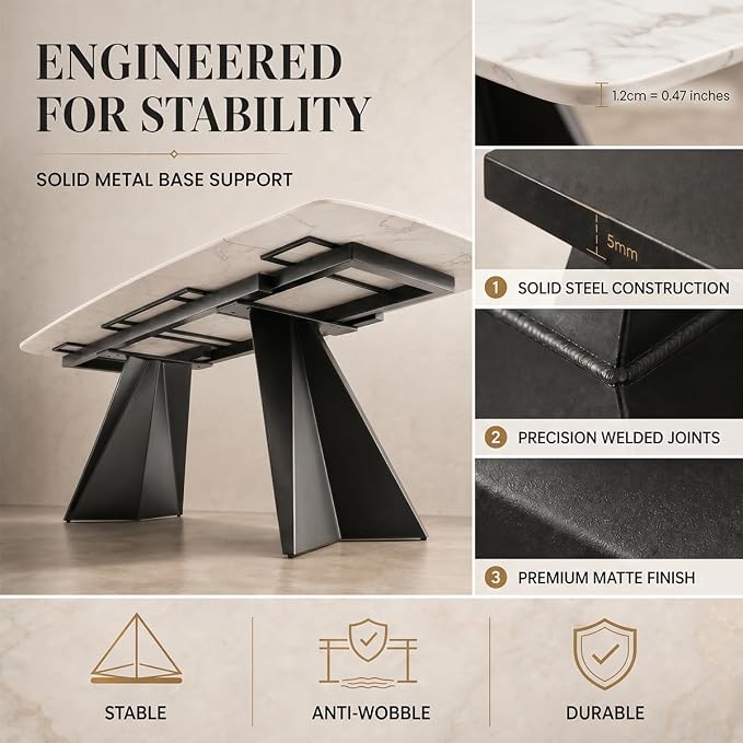 Honyee Extendable Dining Table with Leaf, 65 to 95 Inch Rectangular Sintered Stone, Modern Large Dining Room Table Seats 6 8 10 12, Metal Base, Marble Look for Family Gatherings