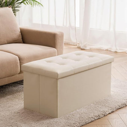 YOUDENOVA Folding Storage Ottoman, Faux Leather Ottoman Bench Footrest Ottoman, Storage Chest Padded Seat for Bedroom and Living Room, Beige,15" D x 30" W x 15" H