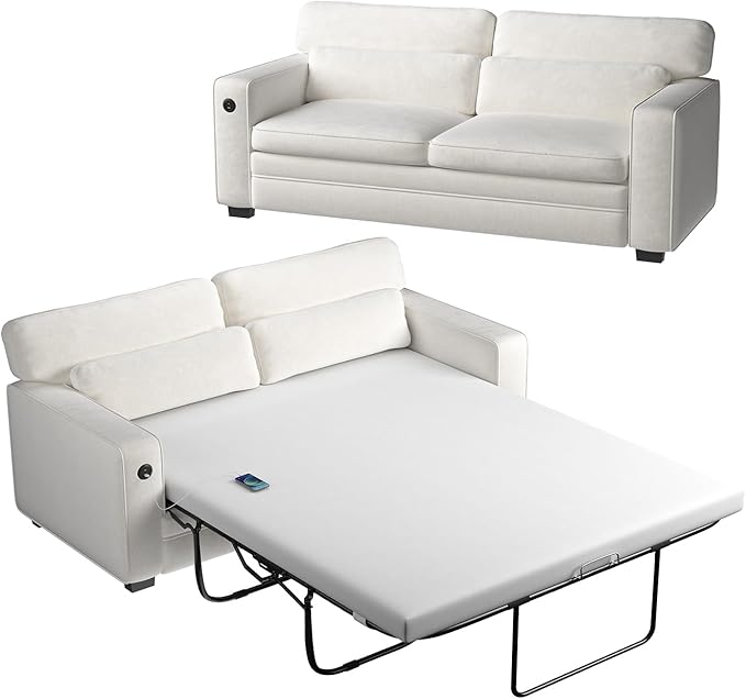 Marsail Pull Out Sofa Bed, Queen Size Sleeper Sofa with Memory Foam Mattress, 2 USB Charging Ports & Removable Covers, Chenille Loveseat Couch for Living Room, Apartment, Pure White