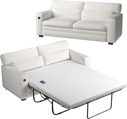 Marsail Pull Out Sofa Bed, Queen Size Sleeper Sofa with Memory Foam Mattress, 2 USB Charging Ports & Removable Covers, Chenille Loveseat Couch for Living Room, Apartment, Pure White
