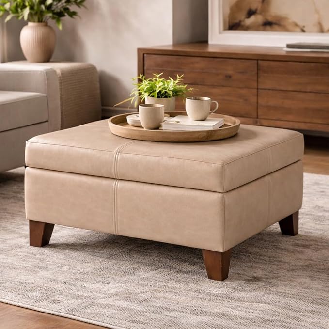 HomePop 28" Faux Leather Square Storage Ottoman - Sand