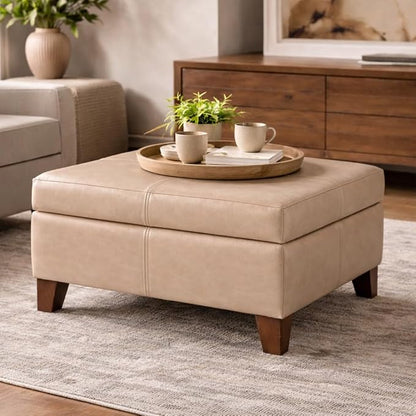HomePop 28" Faux Leather Square Storage Ottoman - Sand