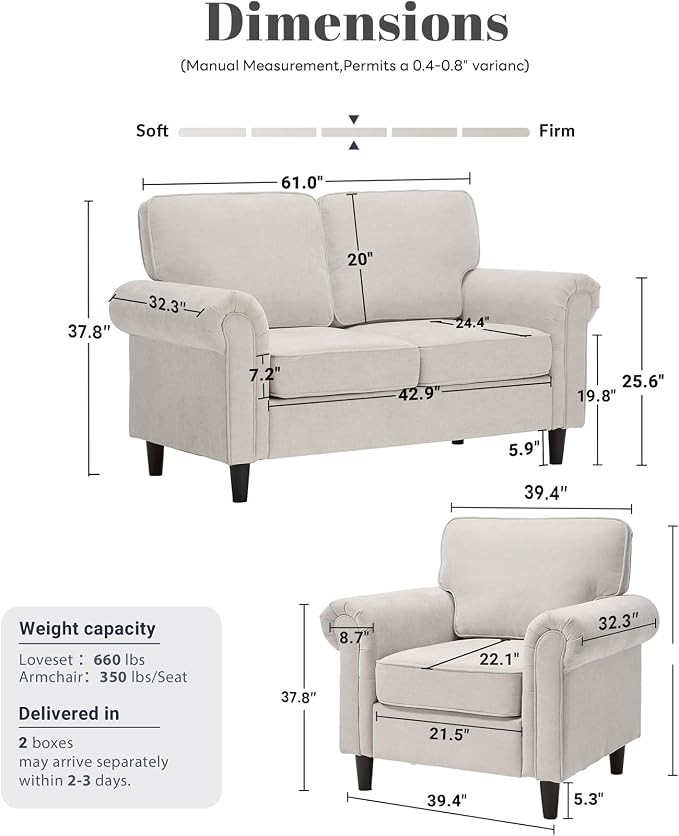 Kingfun Loveseat 2 Seater Couch with Chair, Mid Century Modern Chenille Sofa Set with Rolled Arms and Deep Seats, Fluffy Comfort for Living Room, Apartment, Easy Assembly, Beige