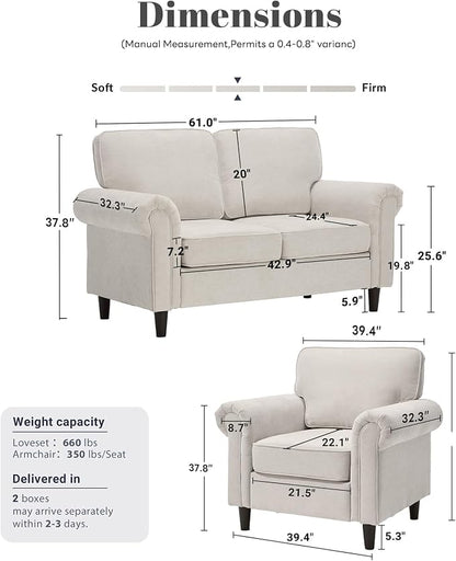 Kingfun Loveseat 2 Seater Couch with Chair, Mid Century Modern Chenille Sofa Set with Rolled Arms and Deep Seats, Fluffy Comfort for Living Room, Apartment, Easy Assembly, Beige