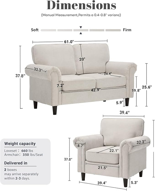 Kingfun Loveseat 2 Seater Couch with Chair, Mid Century Modern Chenille Sofa Set with Rolled Arms and Deep Seats, Fluffy Comfort for Living Room, Apartment, Easy Assembly, Beige