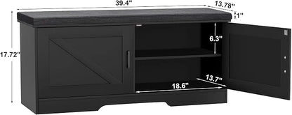 HOMSHO Farmhouse Shoe Storage Bench with 2 Barn Doors & Padded Seat Cushion | 39.4" Wide Entryway Bench with Adjustable Shelves & Hidden Storage, Black