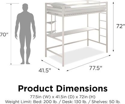 Novogratz Maxwell Metal Twin Loft Bed with Desk & Shelves, Off White/Off White