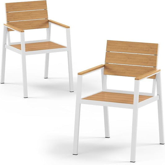 Outdoor Dining Chiars Set of 2, Aluminum Patio HDPS Outdooor Dining Chiars, All Weather Patio Furniture Set (White & Teak)