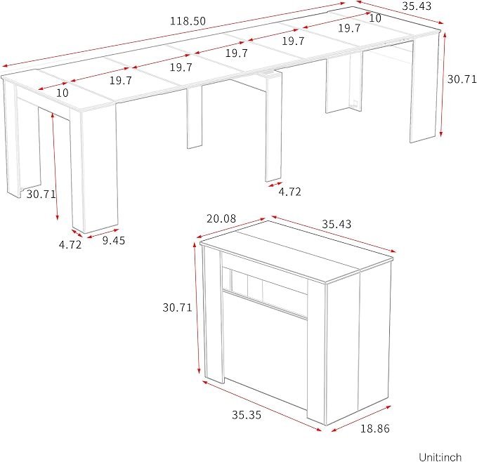Transformer Extendable Dining Table for 2-12 People, Space Saving, Grey