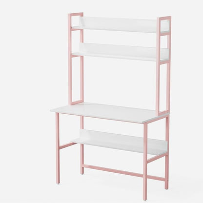 Aquzee Girls Desk with Hutch, 40“W x 19.6" D Computer Desk with Shelves, Tall Home Office Desk with Bookshelf, Metal Legs Study Table with Upper Storage Shelf for Study Writing/Workstation, Pink