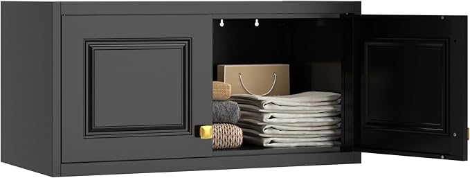 Metal Storage Cabinet with Doors, Small Armoire Wardrobe Closet, Black Storage Wall Cabinet, 15" Tall Clothing Cabinets, Steel Overhead Wardrobe for Bedroom, Laundry Room