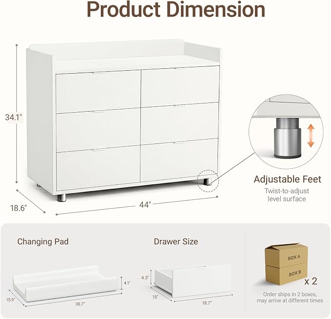 MAMAZING Keeva Pro 6-Drawer Baby Dresser with Changing Table, Easy Assembly | White Wooden Nursery Dresser, Anti-Tip Design & Adjustable Feet, Dresser for Bedroom, Kids & Toddler Storage, 44" Wide
