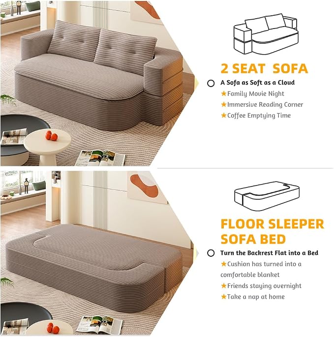 78.7" Futon Sofa Bed, 2-in-1 Foldable Sleeper Sofa, Convertible Sofa Bed with Pillows, Corduroy Couch with Multi Functional Blanket Upholstered Boneless Couches for Living Room, Brown