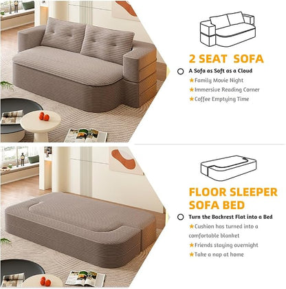 78.7" Futon Sofa Bed, 2-in-1 Foldable Sleeper Sofa, Convertible Sofa Bed with Pillows, Corduroy Couch with Multi Functional Blanket Upholstered Boneless Couches for Living Room, Brown