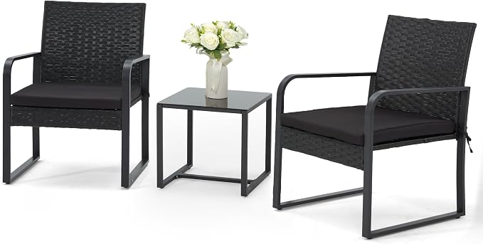 Bezseller 3 Piece Outdoor Patio Furniture Set, Patio Bistro Set Wicker Conversation Set, Modern Rattan Chair with Glass Coffee Table for Backyard, Porches, Poolside, Lawn and Balcony