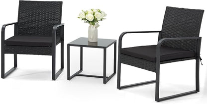 Bezseller 3 Piece Outdoor Patio Furniture Set, Patio Bistro Set Wicker Conversation Set, Modern Rattan Chair with Glass Coffee Table for Backyard, Porches, Poolside, Lawn and Balcony