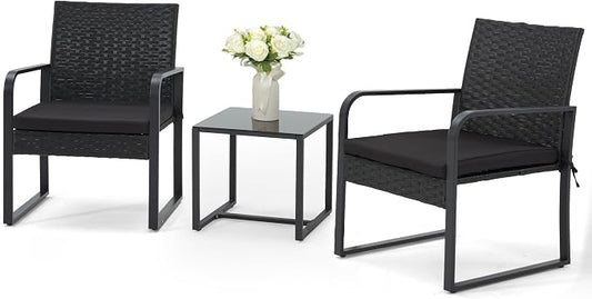 Bezseller 3 Piece Outdoor Patio Furniture Set, Patio Bistro Set Wicker Conversation Set, Modern Rattan Chair with Glass Coffee Table for Backyard, Porches, Poolside, Lawn and Balcony