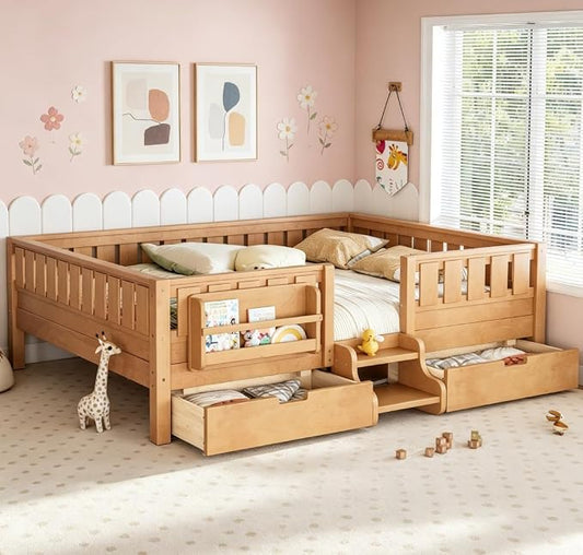 Bellemave Queen Size Kids Bed with high Rails and with Built-in Bookshelf and Drawers for Kids, Girls, Boys, Wood Montessori Bed Without Door, Light Natural