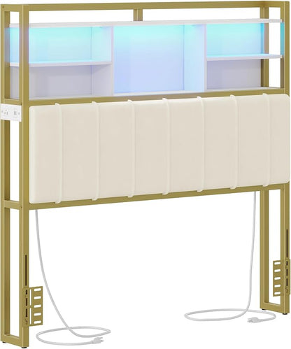 Hzuaneri Headboard with 3-Tier Storage Shelves, Velvet Upholstered Head Board with 2 Outlets, USB Ports & LED Light, Soft Backrest for Full Size Bed, White and Gold BH13803A