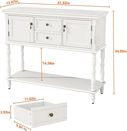 ARTPOWER Console Table with 2 Drawers, Retro Entryway Table with 2 Door Cabinets and Open Storage Shelf, Narrow Long Behind Couch Sofa Table for Living Room, Foyer, Hallway, White
