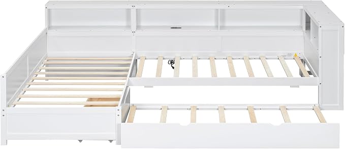 Bellemave L Shaped Corner Bed for 2 Kids, Double Twin Platform BedFrame with Trundle and 5 Storage Shelves, Charging Station, White
