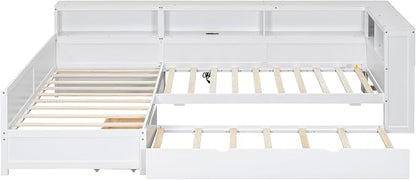 Bellemave L Shaped Corner Bed for 2 Kids, Double Twin Platform BedFrame with Trundle and 5 Storage Shelves, Charging Station, White