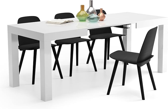 Mobili Fiver, First Extendable Table, 47.2(78.7) x31.5 in, High Gloss White, for 6-8 People, Expandable Dining Table for Kitchen, Living Room, Italian Furniture