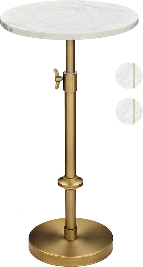 Adjustable-Height Marble Drink Table - 12x12x22-30, White Marble & Antique Brass, Modern Round End Table, Side Table with Pedestal Stand for Small Spaces, Vintage Metal Martini Cocktail Accent