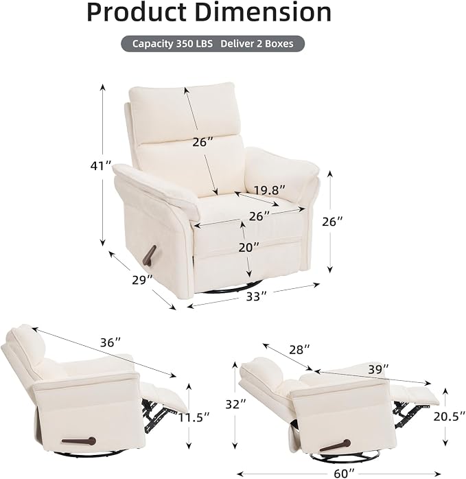 Oversized Recliner Chair, 26" Extra Wide 360° Swivel Rocker Recliner with Adjustable Headrest, Chenille Glider Rocking Nursery Chair with Overstuffed Armrest, Lumbar Support, White