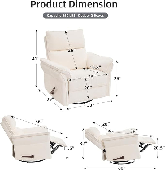 Oversized Recliner Chair, 26" Extra Wide 360° Swivel Rocker Recliner with Adjustable Headrest, Chenille Glider Rocking Nursery Chair with Overstuffed Armrest, Lumbar Support, White