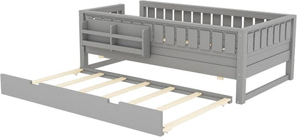 Bellemave Twin Size Kids Bed with high Rails and with Built-in Bookshelf and Trundle for Kids, Girls, Boys, Wood Montessori Bed Without Door, Gray