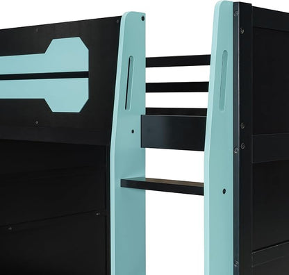 Merax Full Size Loft Bed with Desk, Multi-Storage Shelves and RGB Light | Space-Saving Wooden Gaming Bed Frame with Charging Station and Guardrail