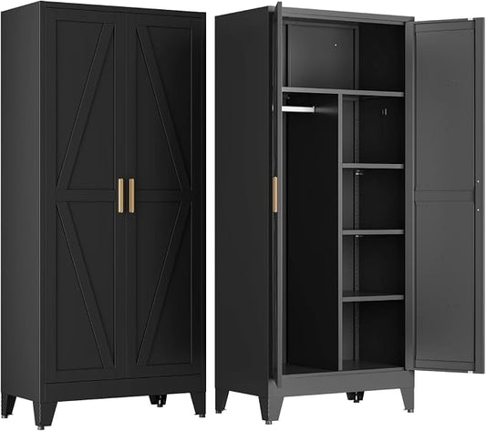 COFaR Metal Wardrobe Closet, 71'' Tall Steel Bedroom Armoire with Adjustable Hanging Rod and Shelves, Broom Closet Storage Cabinet for Garage Laundry Office, Farmhouse Black