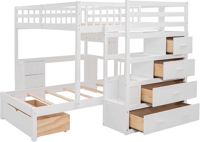 MERITLINE Full Over Twin L Shaped Bunk Bed with Stairs and Desk,Solid Wood L-Shaped Bunk Bed with Storage Drawers,Shelves,Ladder,Headboard and Guardrail,No Box Spring Needed (White)