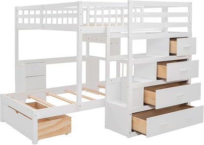 MERITLINE Full Over Twin L Shaped Bunk Bed with Stairs and Desk,Solid Wood L-Shaped Bunk Bed with Storage Drawers,Shelves,Ladder,Headboard and Guardrail,No Box Spring Needed (White)