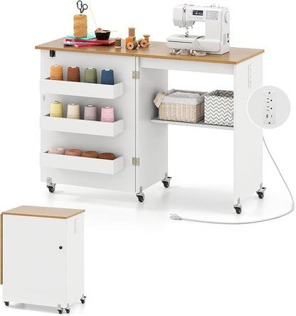 Giantex Folding Sewing Table with Charging Station, Rolling Craft Table with Storage Trays & Shelf, Foldable Sewing Machine Cabinet Desk with Lockable Wheels for Small Spaces (White & Natural)