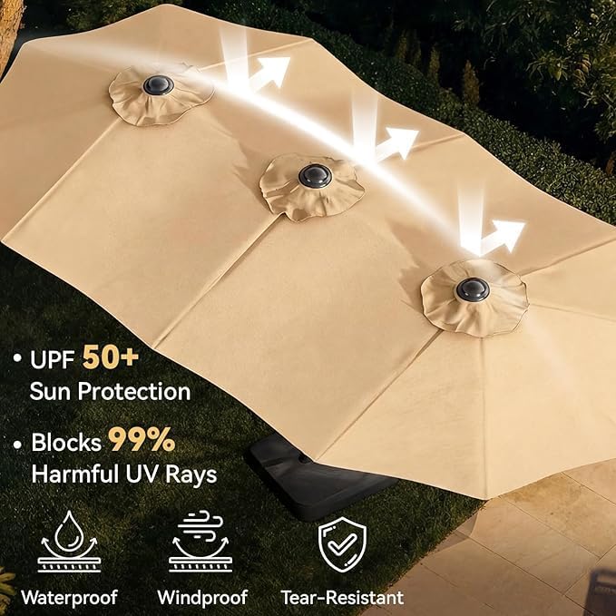 Aoxun 8-Piece Patio Table and Chairs Set & 15ft Patio Umbrella for 6, All Weather Outdoor Dining Set with 6 Textilene Chairs and 1 Rectangular Metal Table for Backyard, Garden, Grey/Beige