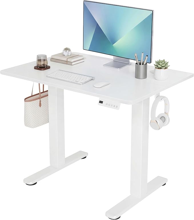 Claiks Electric Standing Desk, 32 x 19 Inch Small Height Adjustable Sit Stand Desk for Home Office, Computer Desk with Memory Presets, Cable Management & Headphone Hooks, 156 lbs Capacity, White