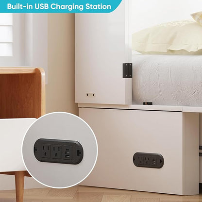 CECER Queen Murphy Bed with Mattress，Space Saving and Easy Assemble-White | Built-in Multi-Port Charging Station ＆ Large Storage Drawer，Sturdy frame ＆ Easy to Move Track