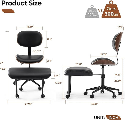 Bestier Cross Legged Office Chair with Wheels, Ergonomic Wide Meditation Chair for Adults up to 300 lbs, 360° Swivel Seat for ADHD, Strong Lumbar Support for Kneeling Meditation Black PU Leather