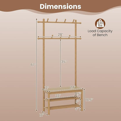 Giantex 3-in-1 Hall Tree with Bench and Shoe Storage, Bamboo Coat Rack Freestanding w/PE Rattan Bench, 11 Hanging Rods, 3 Tier Shoe Rack, Narrow Mudroom Storage Organizer for Entryway Bedroom,Natural