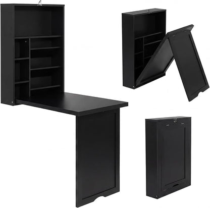 Tangkula Folding Wall Mounted Desk, Convertible Fold Out Floating Table with Storage Shelves, Space-Saving Drop Leaf Table, Murphy Desk for Craft, Study, Small Spaces, Home Office, Dorm, Black